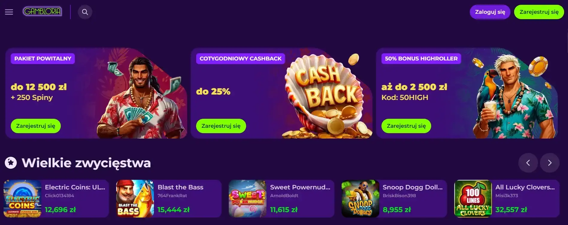 Zrzut ekranu strony głównej Gambloria Casino