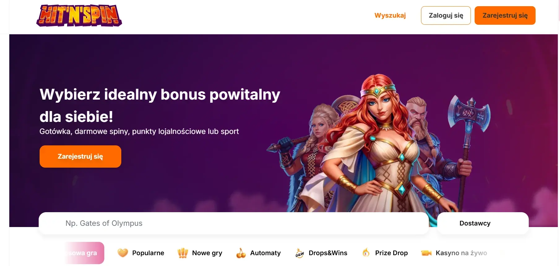 Zrzut ekranu strony głównej HitNSpin Casino